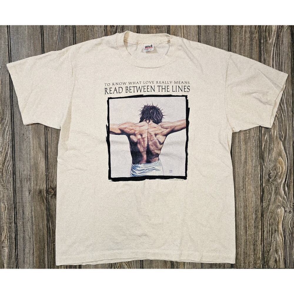 Vintage Jesus Shirt Mens Adult Extra Large White Read Between the Line Christian